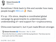 Edward Snowden说比特币10倍，由于他发了推文购买它